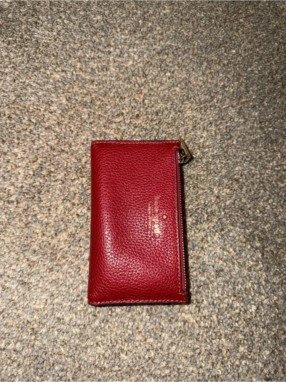 kate spade Red Pebbled Leather Zip Card Wallet with Gold Logo